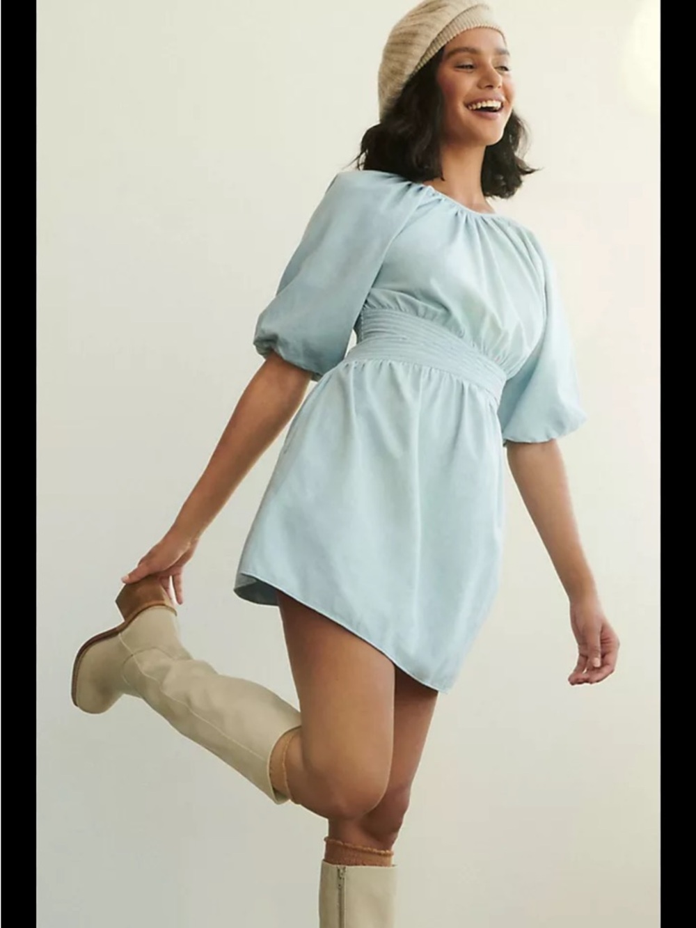 NWT Anthropologie Love the Label Puff-Sleeved Mini Dress Chambray Tie
Back SZ S